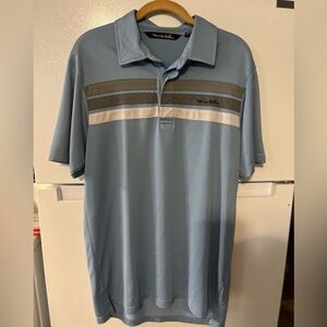 Travis‎ Mathew Polo Shirt Men's Medium Gray Blue Striped Performance Stretch
